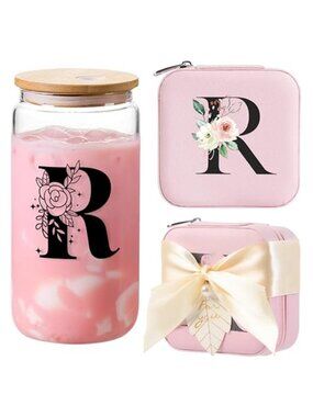 Personalized Initial Jewelry Box Travel Organizer Glass Tumbler Gift Set Pink